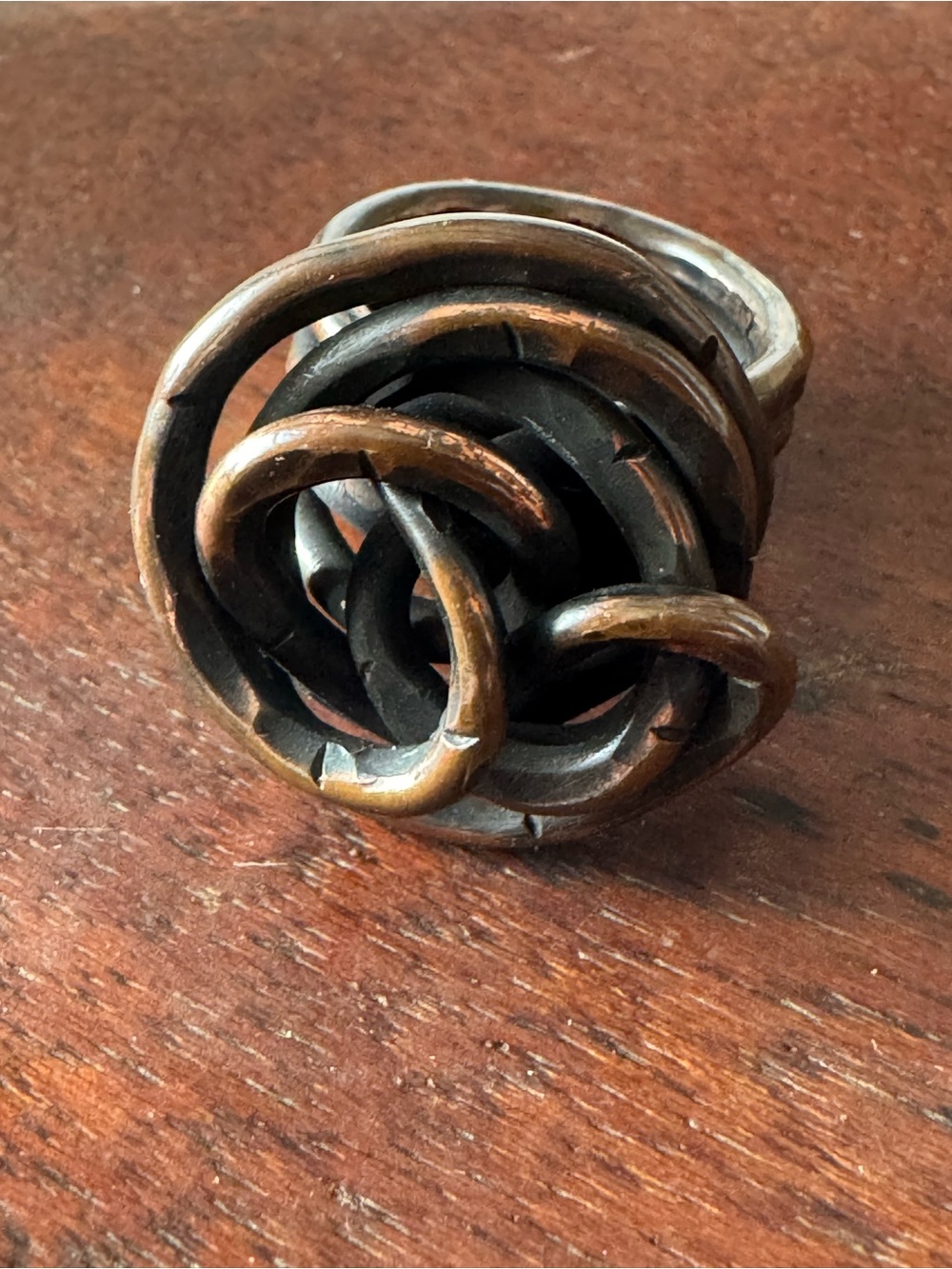 Handmade Abstract Knot Statement Ring - Sculptural Bronze & Black Metal - Size 8